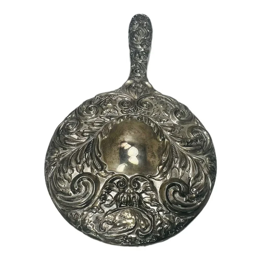 Antique Silver Plated Vanity Mirror, Embossed Handheld Mirror